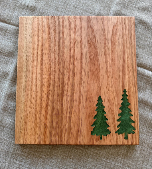 Handmade Red Oak Charcuterie Board – Green Epoxy Evergreen Tree Inlay