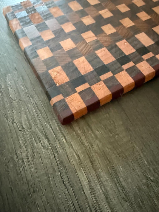 Handmade End Grain Cutting Board: Walnut, Hickory, Wenge & Purpleheart