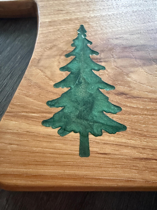 Handmade Hickory Charcuterie Board – Green Epoxy Pine Tree Inlay