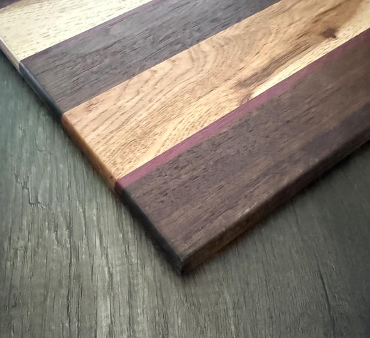 Handcrafted Cutting Board Hickory, Wenge, and Purpleheart Woods