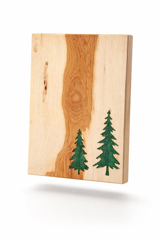 Handmade Hickory Charcuterie Board – Green Epoxy Evergreen Tree Inlay