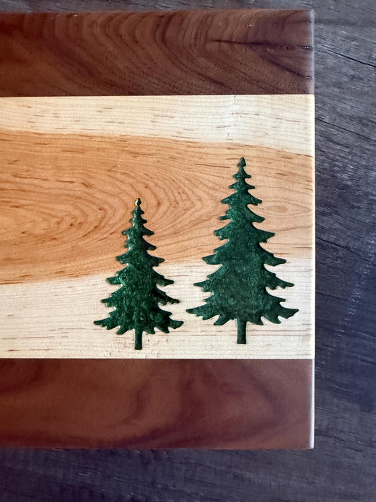 Handmade Walnut and Hickory Charcuterie Board – Green Epoxy Evergreen Tree Inlay