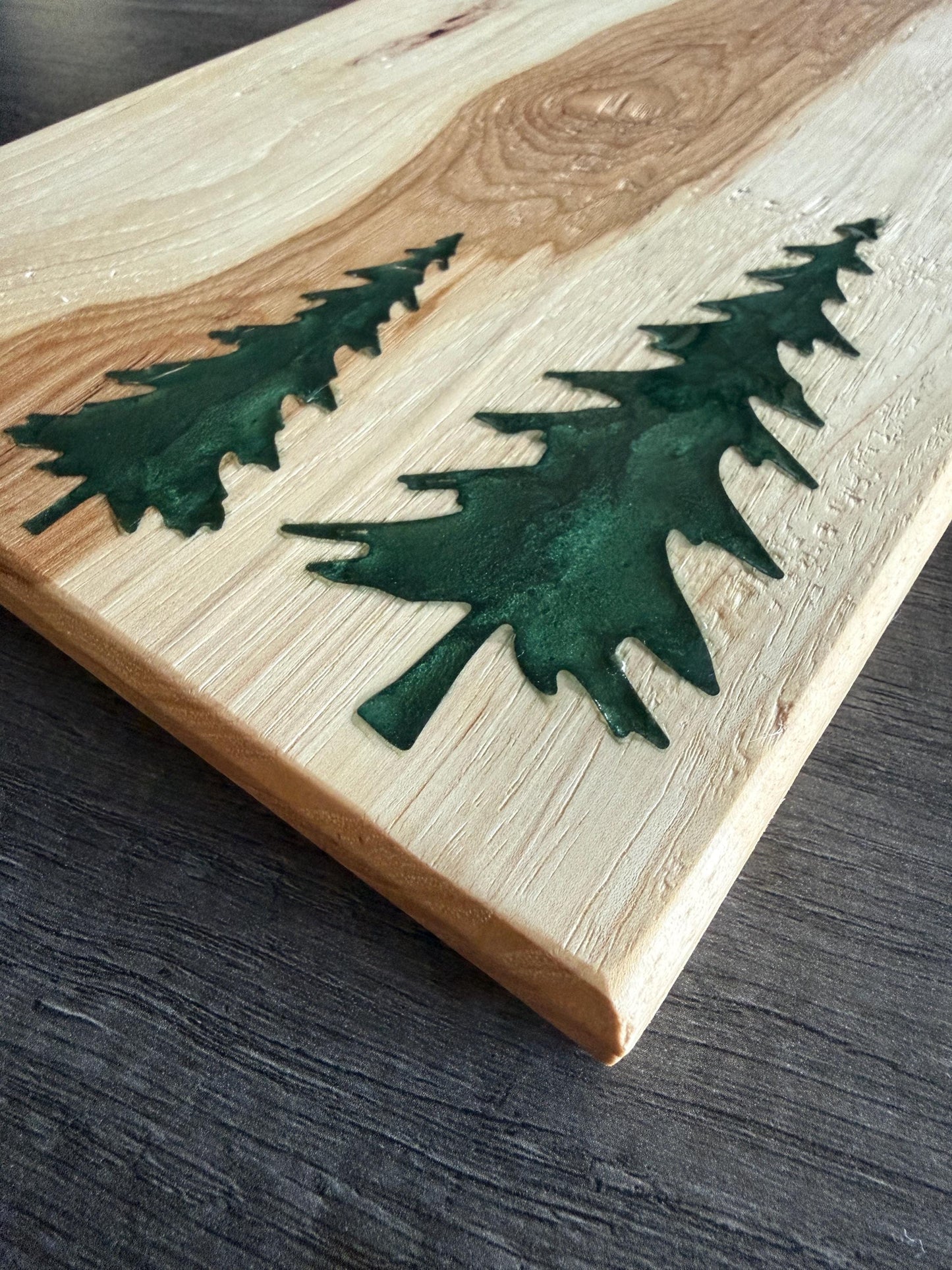 Handmade Hickory Charcuterie Board – Green Epoxy Evergreen Tree Inlay