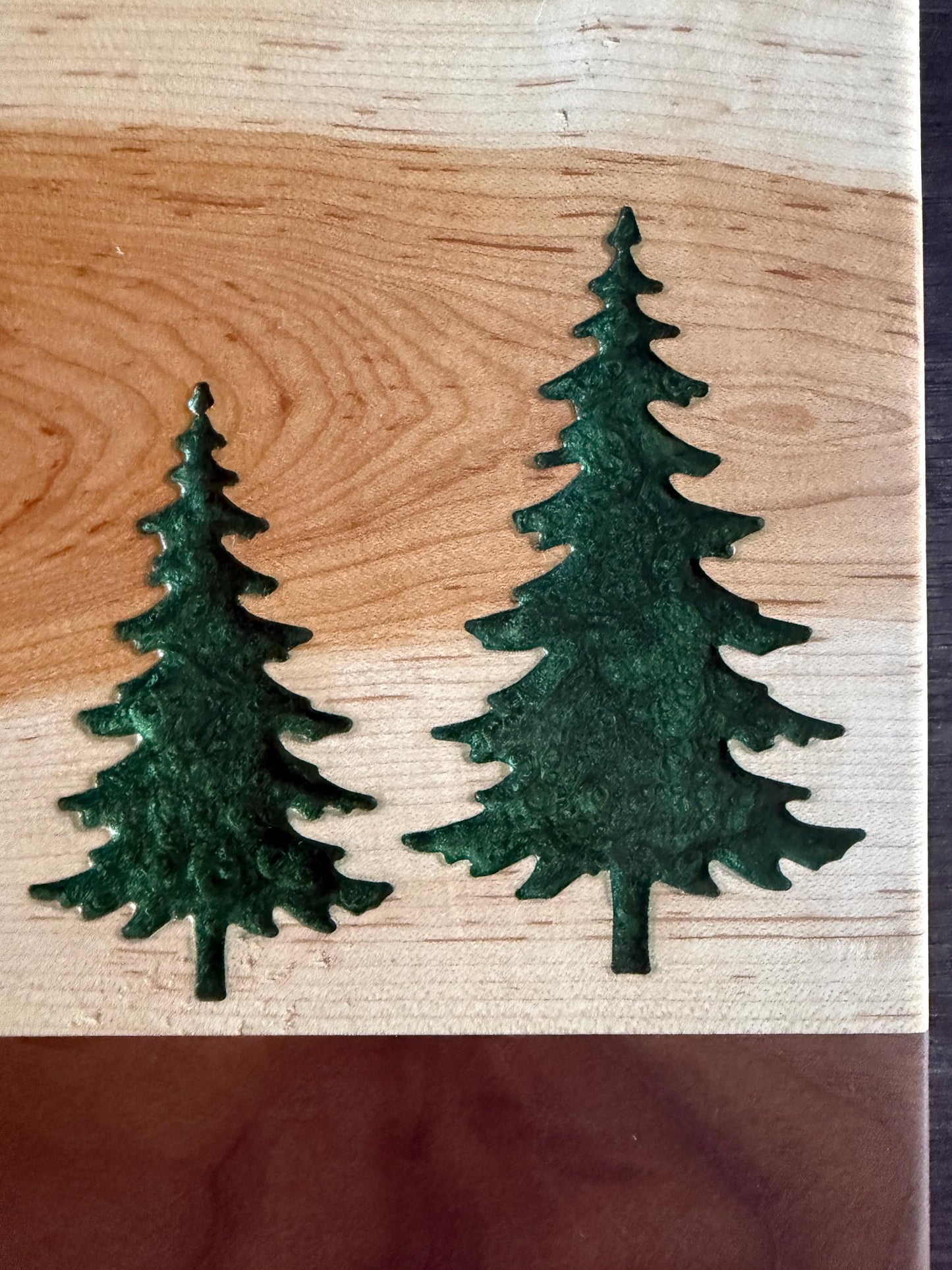 Handmade Walnut and Hickory Charcuterie Board – Green Epoxy Evergreen Tree Inlay