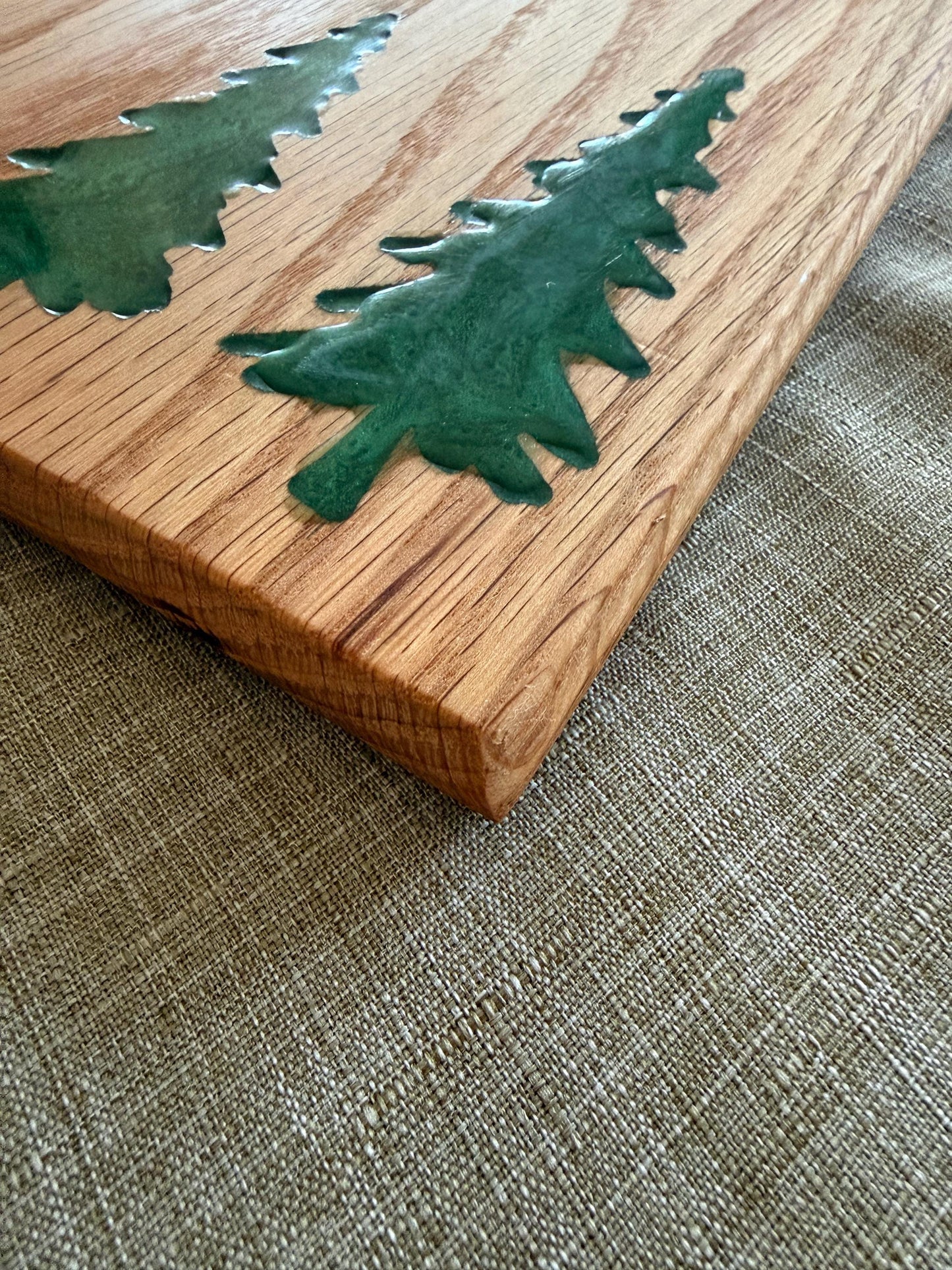 Handmade Red Oak Charcuterie Board – Green Epoxy Evergreen Tree Inlay