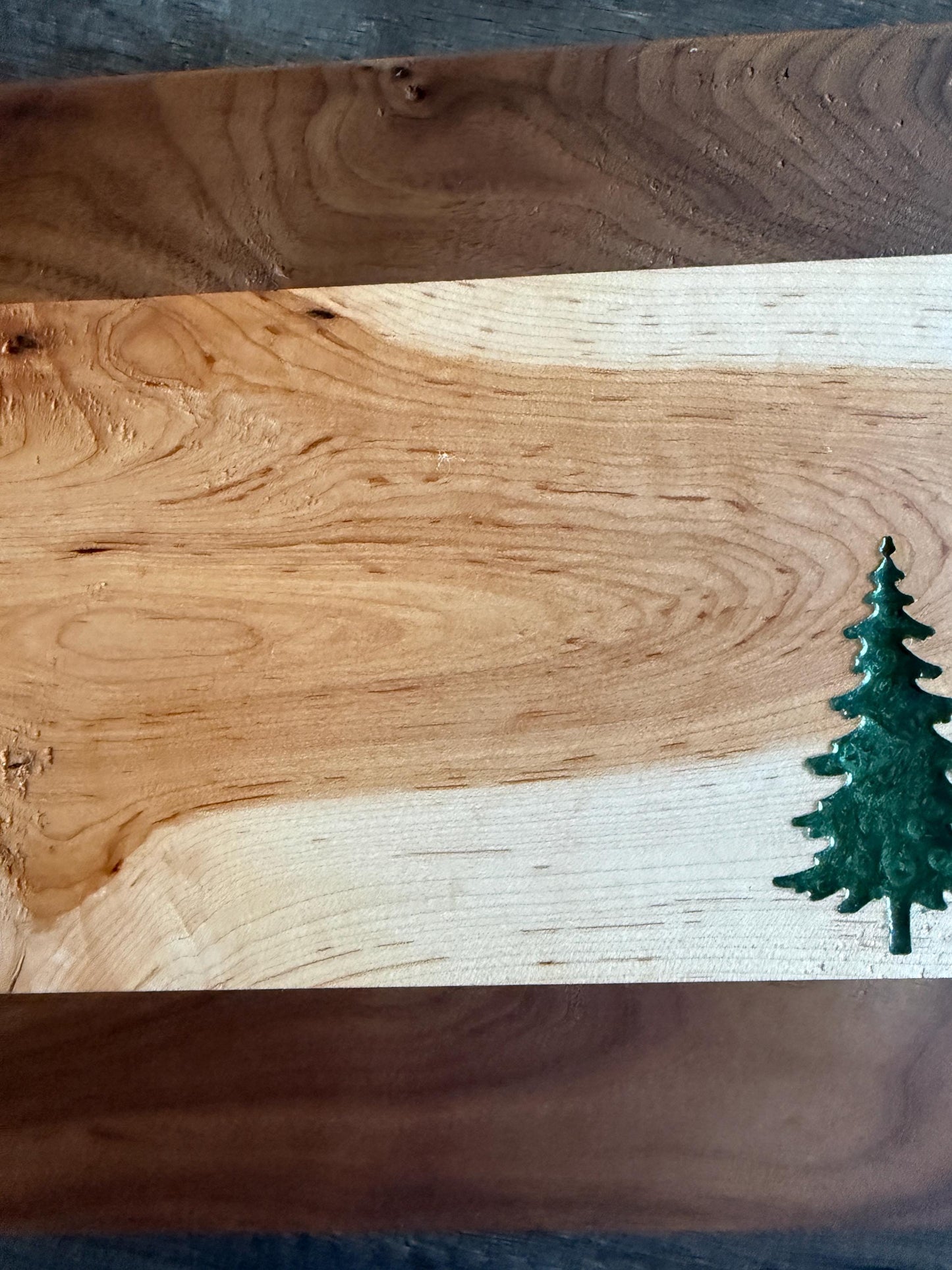 Handmade Walnut and Hickory Charcuterie Board – Green Epoxy Evergreen Tree Inlay