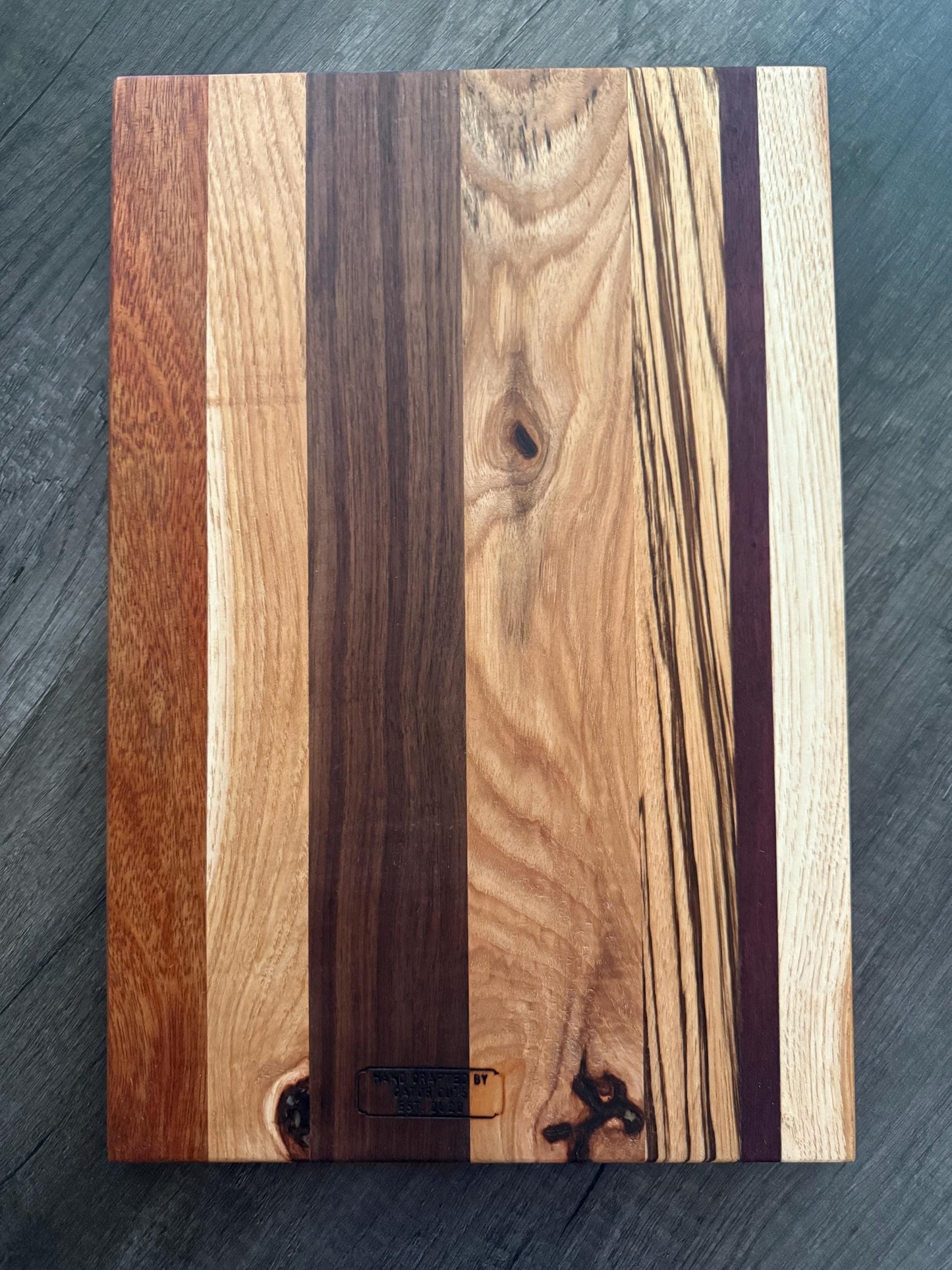 Handmade Cutting Board: Frontgrain Walnut, Zebrawood, Hickory