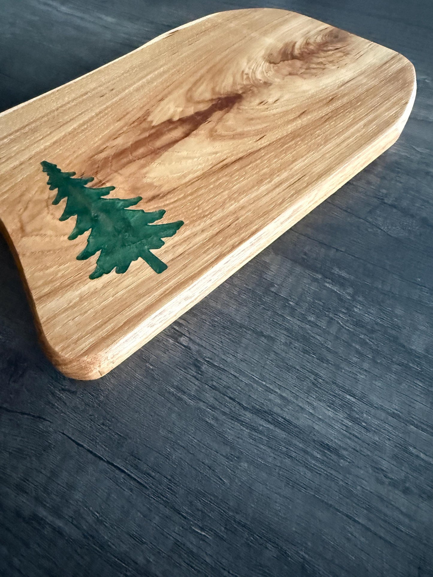 Handmade Hickory Charcuterie Board – Green Epoxy Pine Tree Inlay