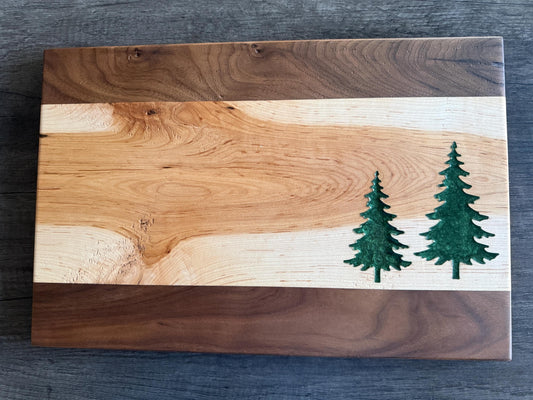 Handmade Walnut and Hickory Charcuterie Board – Green Epoxy Evergreen Tree Inlay