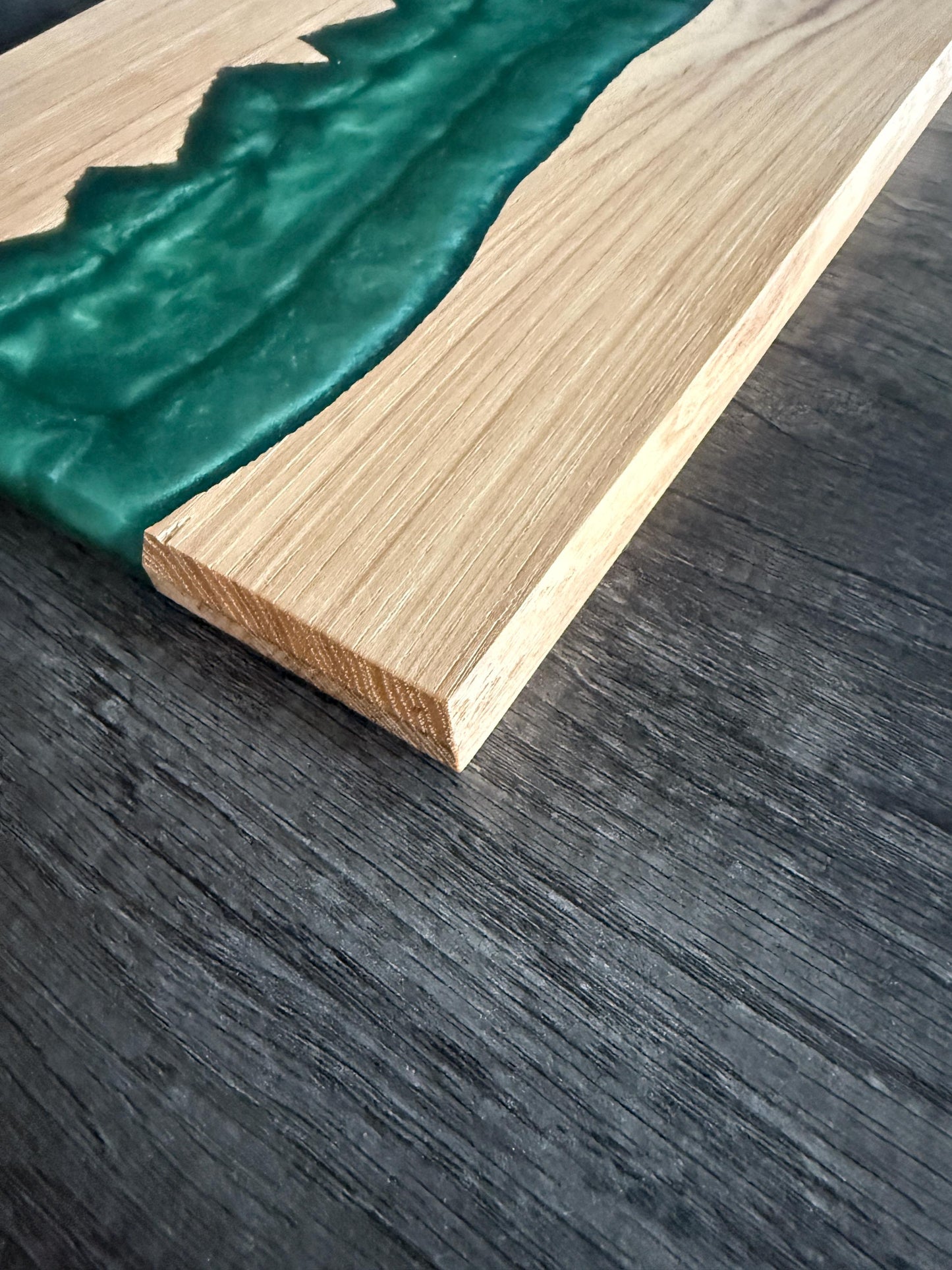 Handmade Hickory Mountain Charcuterie Board: Green Epoxy Resin, Rustic Wood