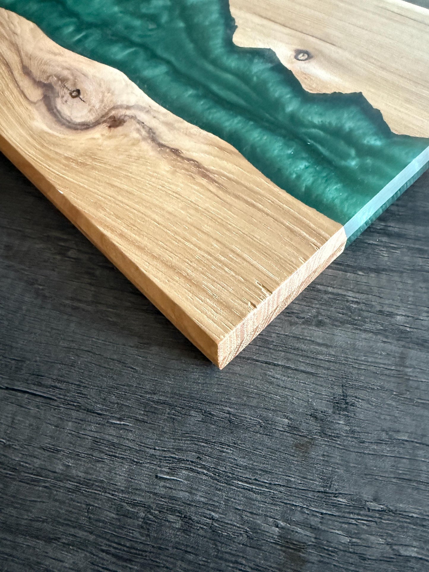 Handmade Hickory Mountain Charcuterie Board: Green Epoxy Resin, Rustic Wood