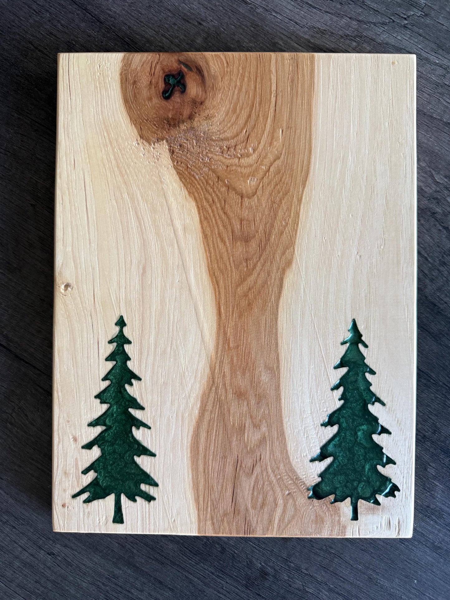 Handmade Hickory Charcuterie Board – Green Epoxy Evergreen Tree Inlay