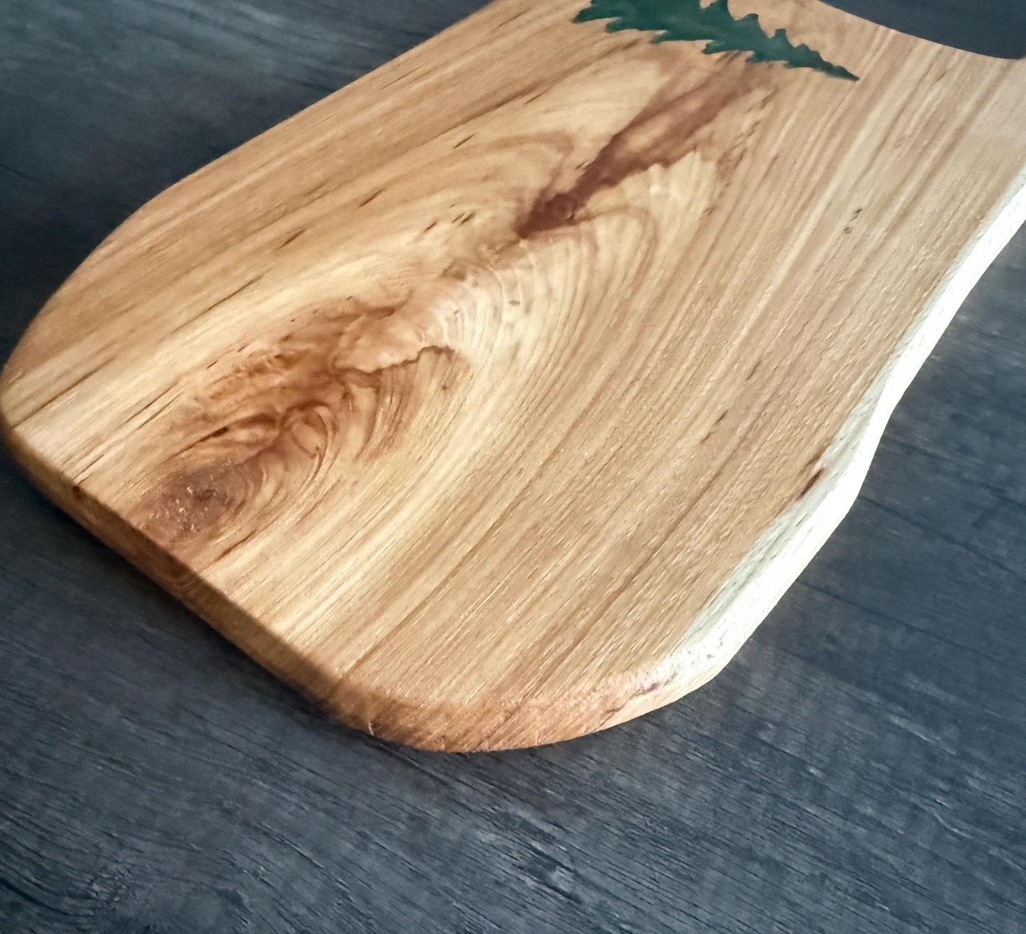 Handmade Hickory Charcuterie Board – Green Epoxy Pine Tree Inlay