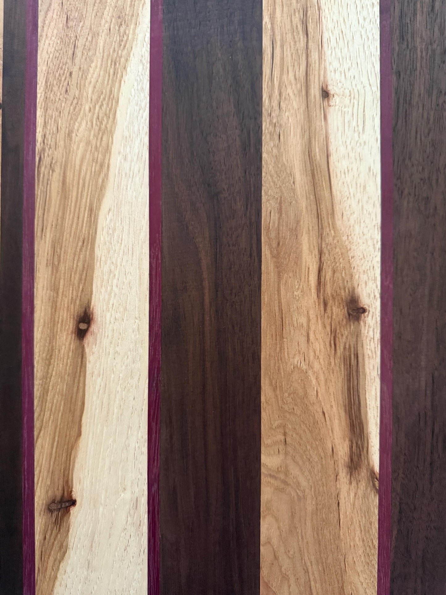 Handcrafted Cutting Board Hickory, Wenge, and Purpleheart Woods