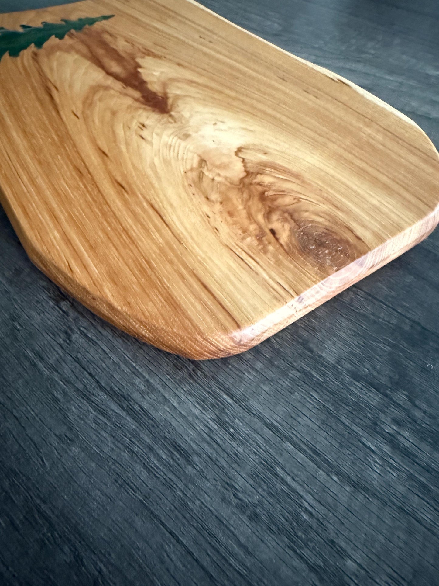Handmade Hickory Charcuterie Board – Green Epoxy Pine Tree Inlay