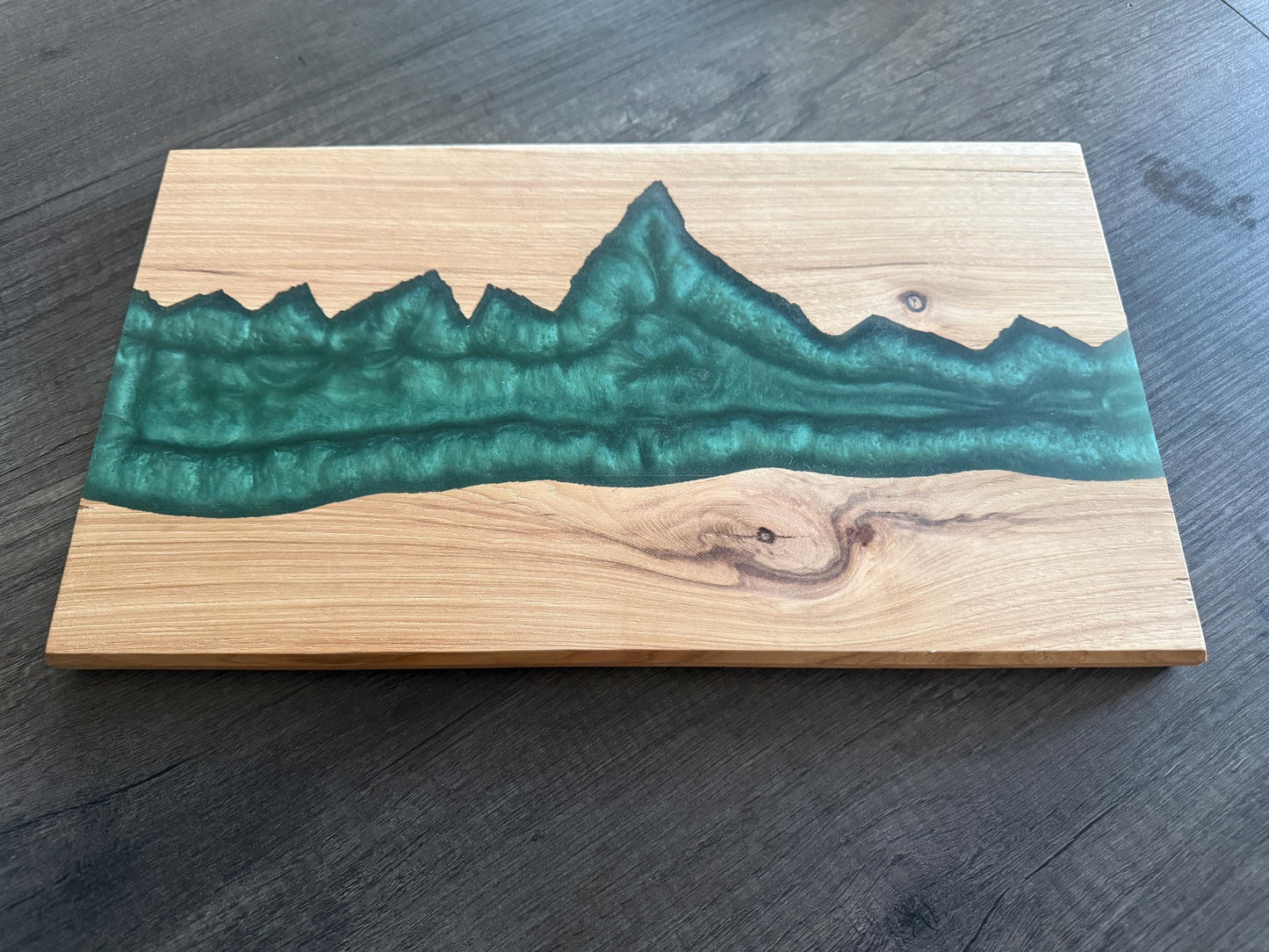 Handmade Hickory Mountain Charcuterie Board: Green Epoxy Resin, Rustic Wood