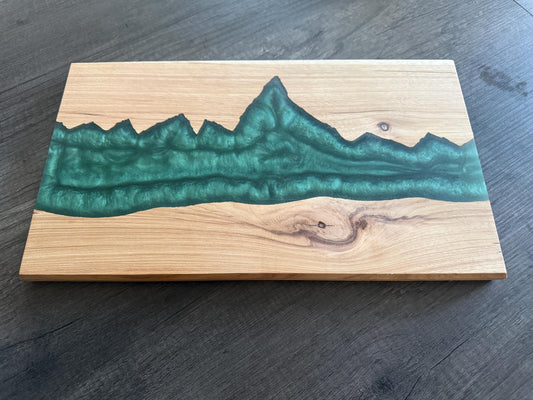 Handmade Hickory Mountain Charcuterie Board: Green Epoxy Resin, Rustic Wood