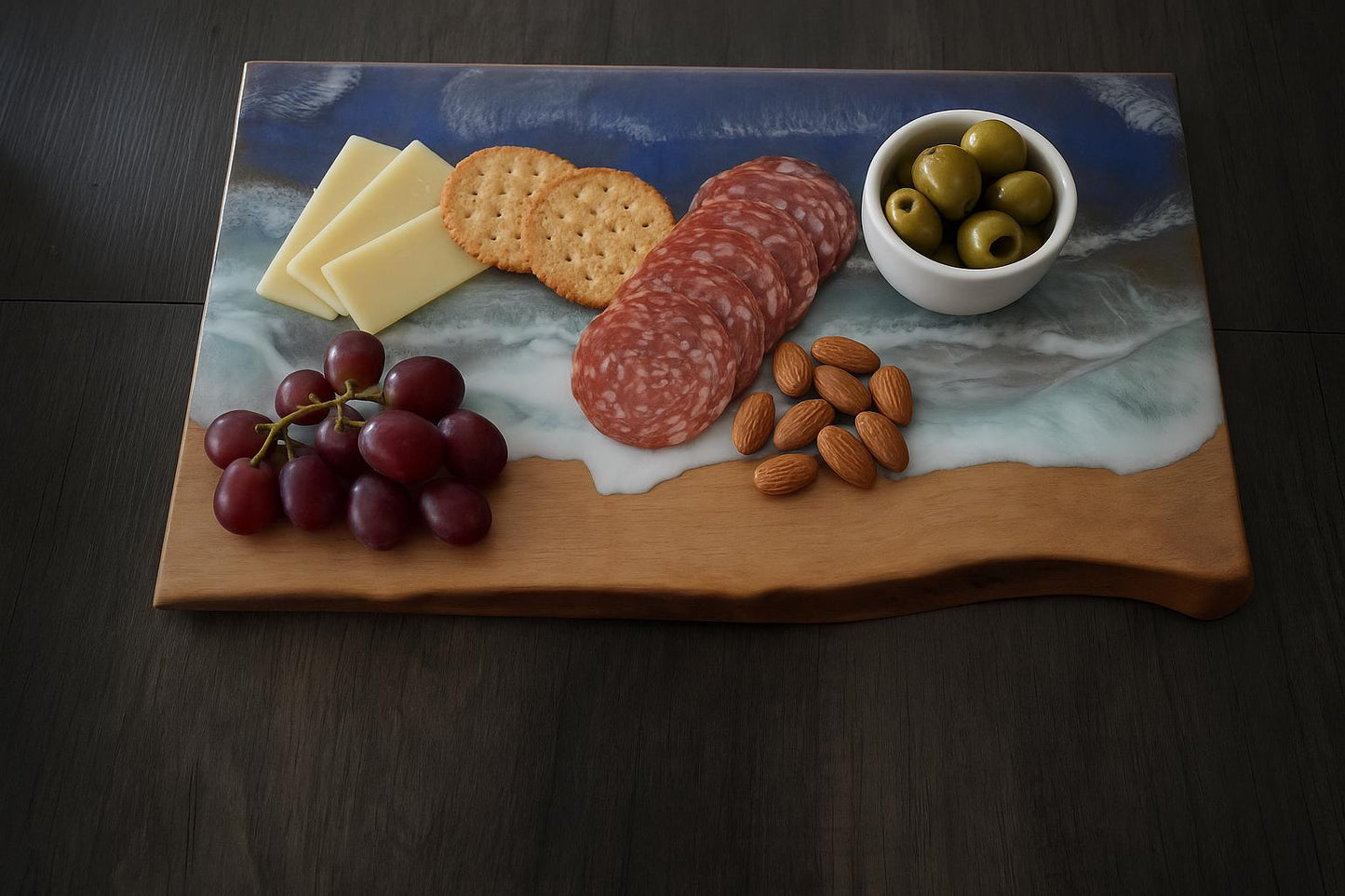 Handcrafted Walnut Charcuterie Board with Live Edge and Ocean Waves Resin Design