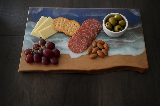 Handcrafted Walnut Charcuterie Board with Live Edge and Ocean Waves Resin Design