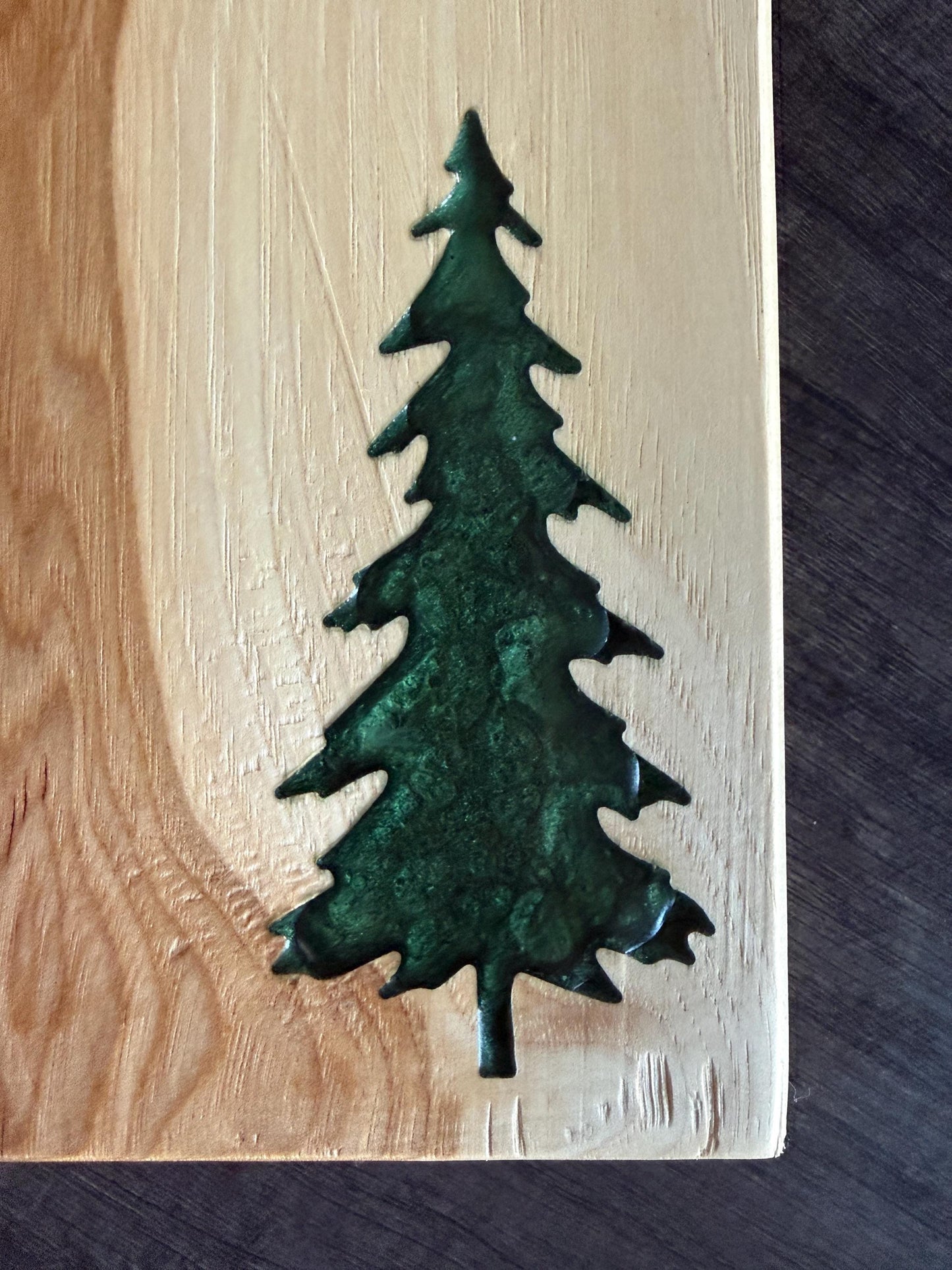 Handmade Hickory Charcuterie Board – Green Epoxy Evergreen Tree Inlay