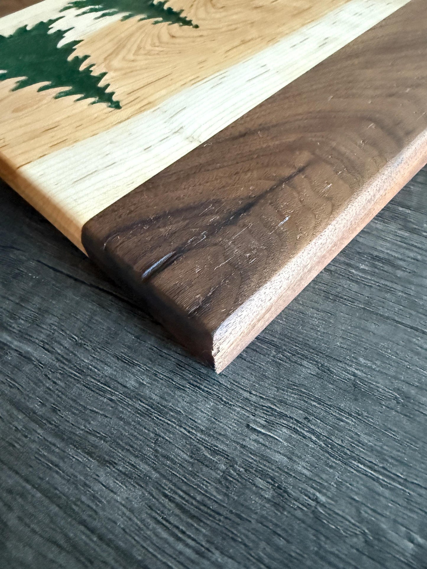 Handmade Walnut and Hickory Charcuterie Board – Green Epoxy Evergreen Tree Inlay
