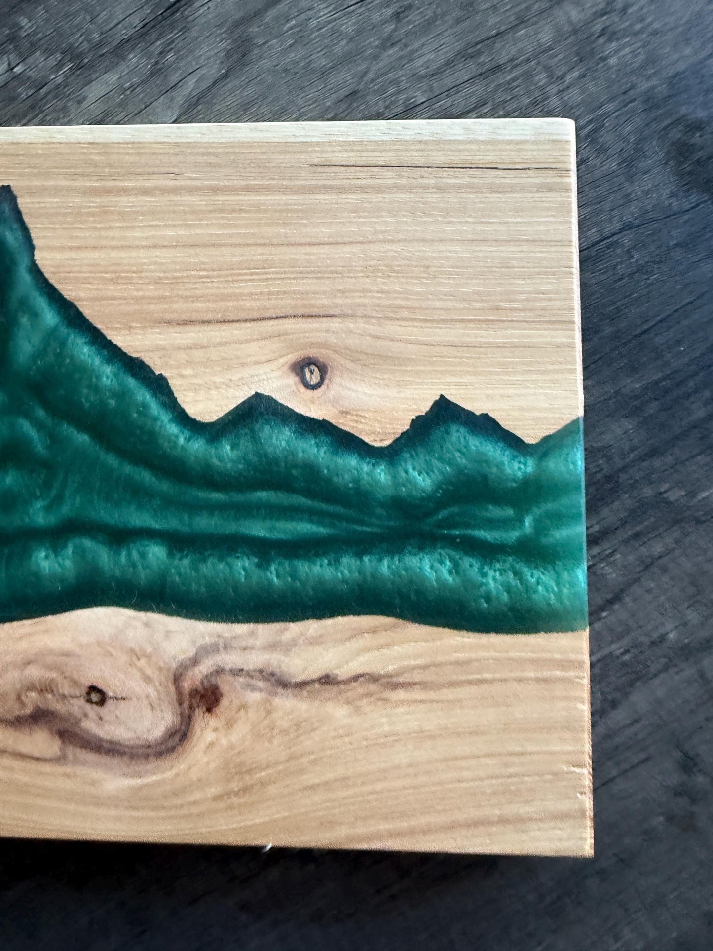 Handmade Hickory Mountain Charcuterie Board: Green Epoxy Resin, Rustic Wood