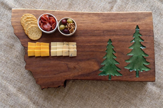 Walnut Resin Charcuterie Board – Handcrafted Serving Tray with Evergreen Inlays