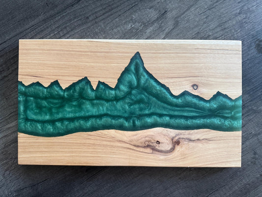 Handmade Hickory Mountain Charcuterie Board: Green Epoxy Resin, Rustic Wood