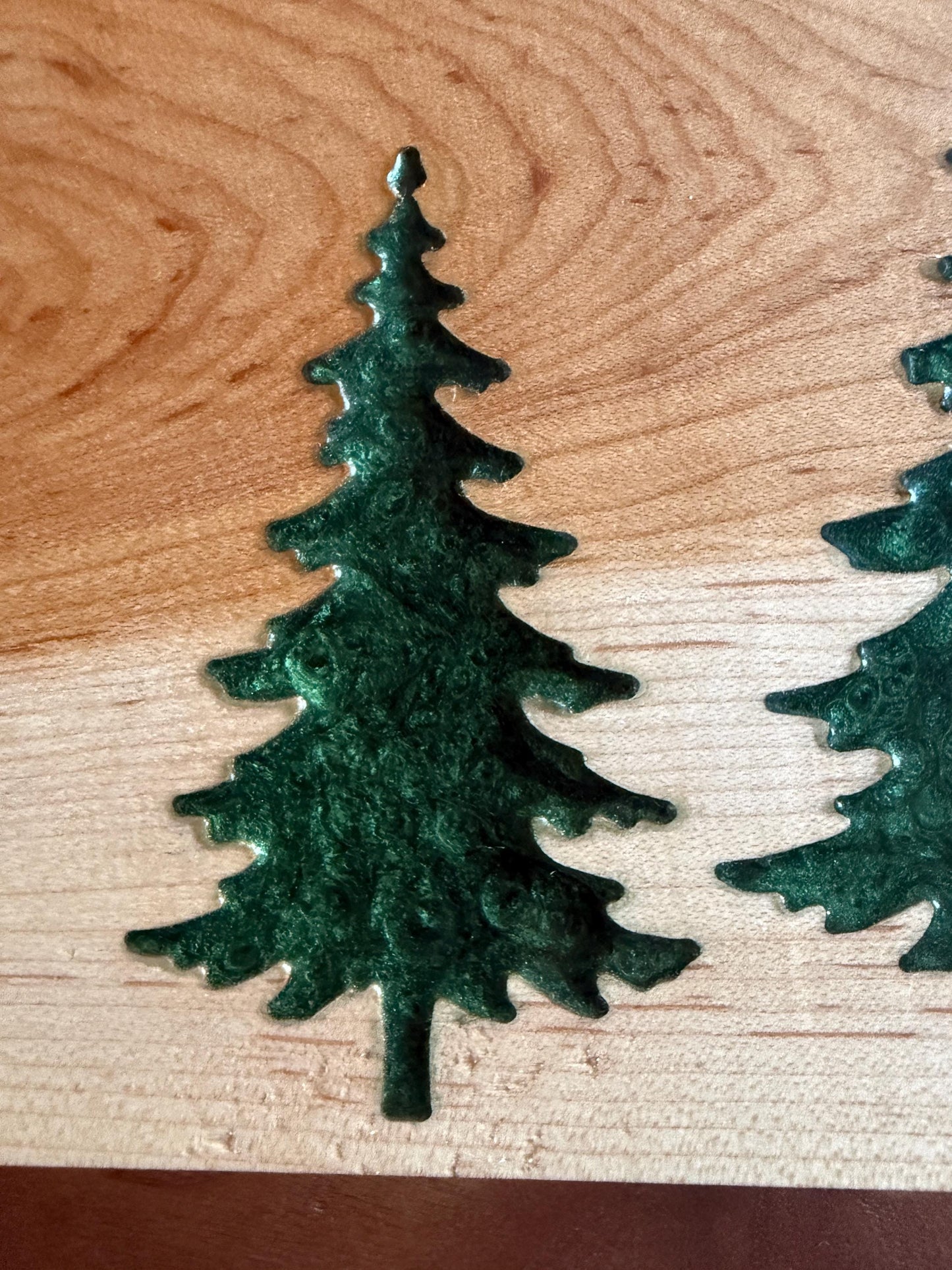 Handmade Walnut and Hickory Charcuterie Board – Green Epoxy Evergreen Tree Inlay