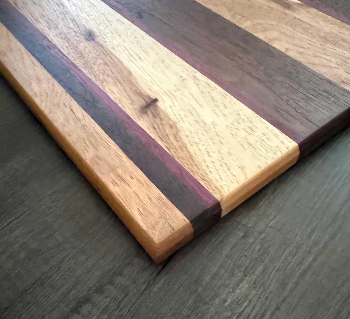 Handcrafted Cutting Board Hickory, Wenge, and Purpleheart Woods