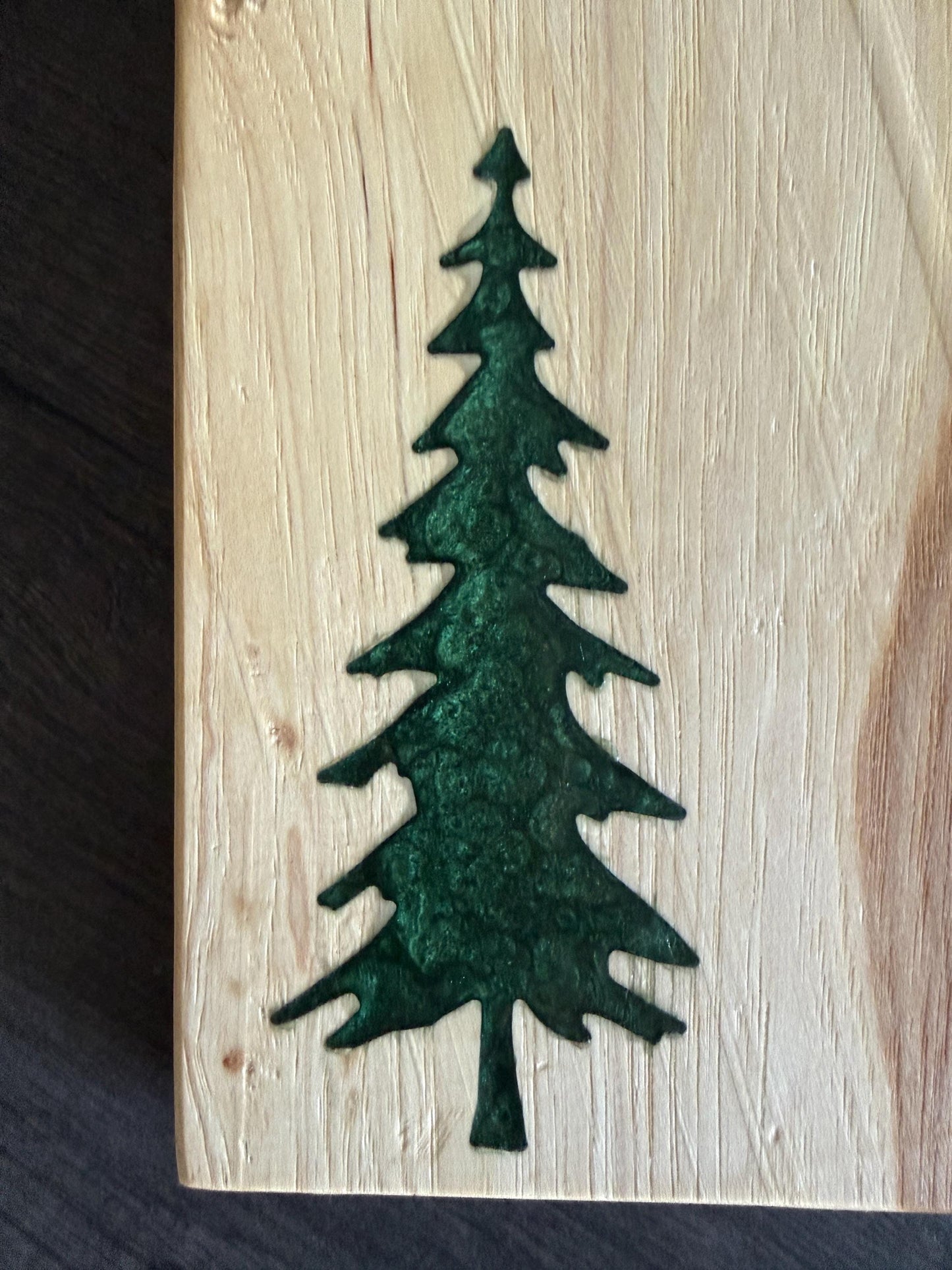 Handmade Hickory Charcuterie Board – Green Epoxy Evergreen Tree Inlay