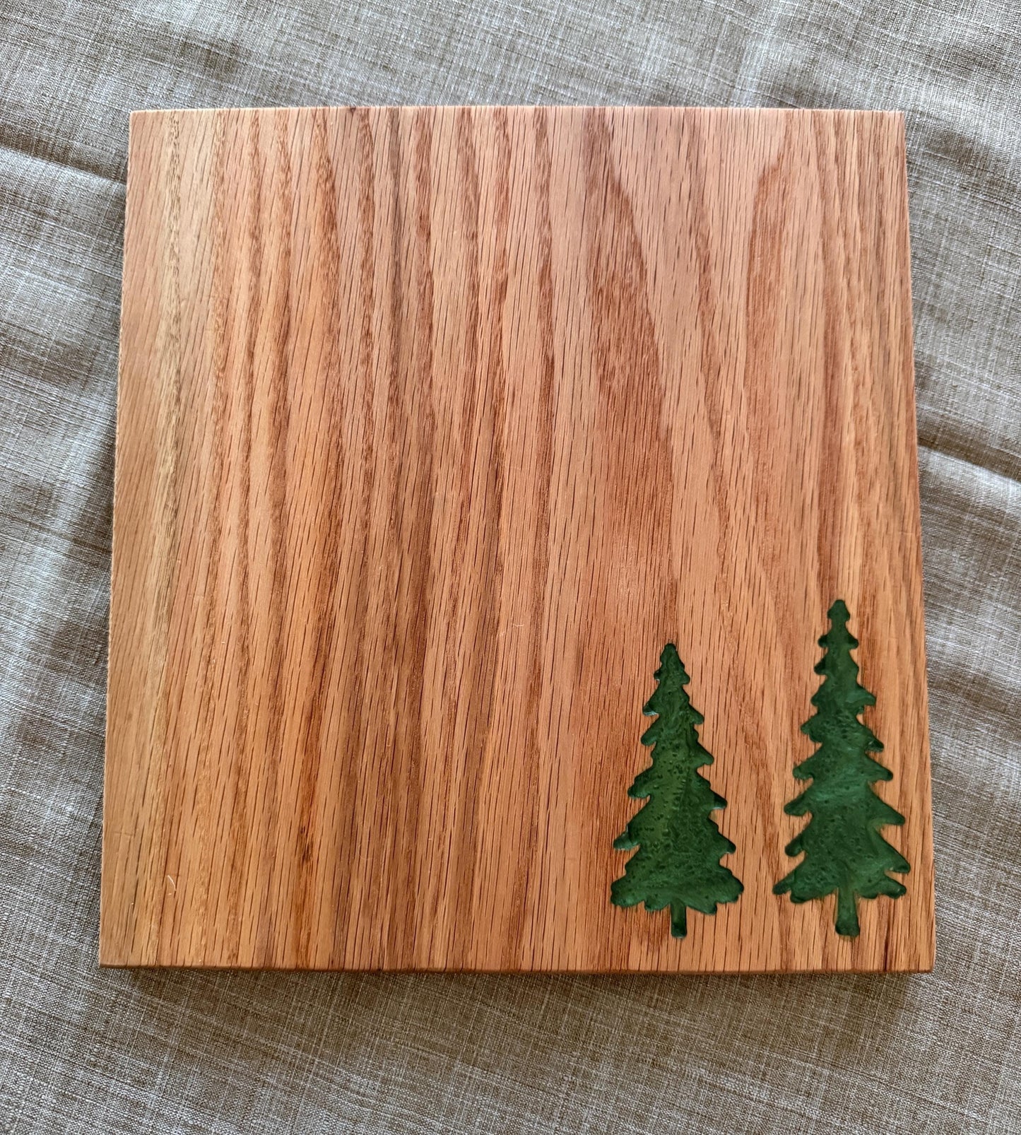 Handmade Red Oak Charcuterie Board – Green Epoxy Evergreen Tree Inlay