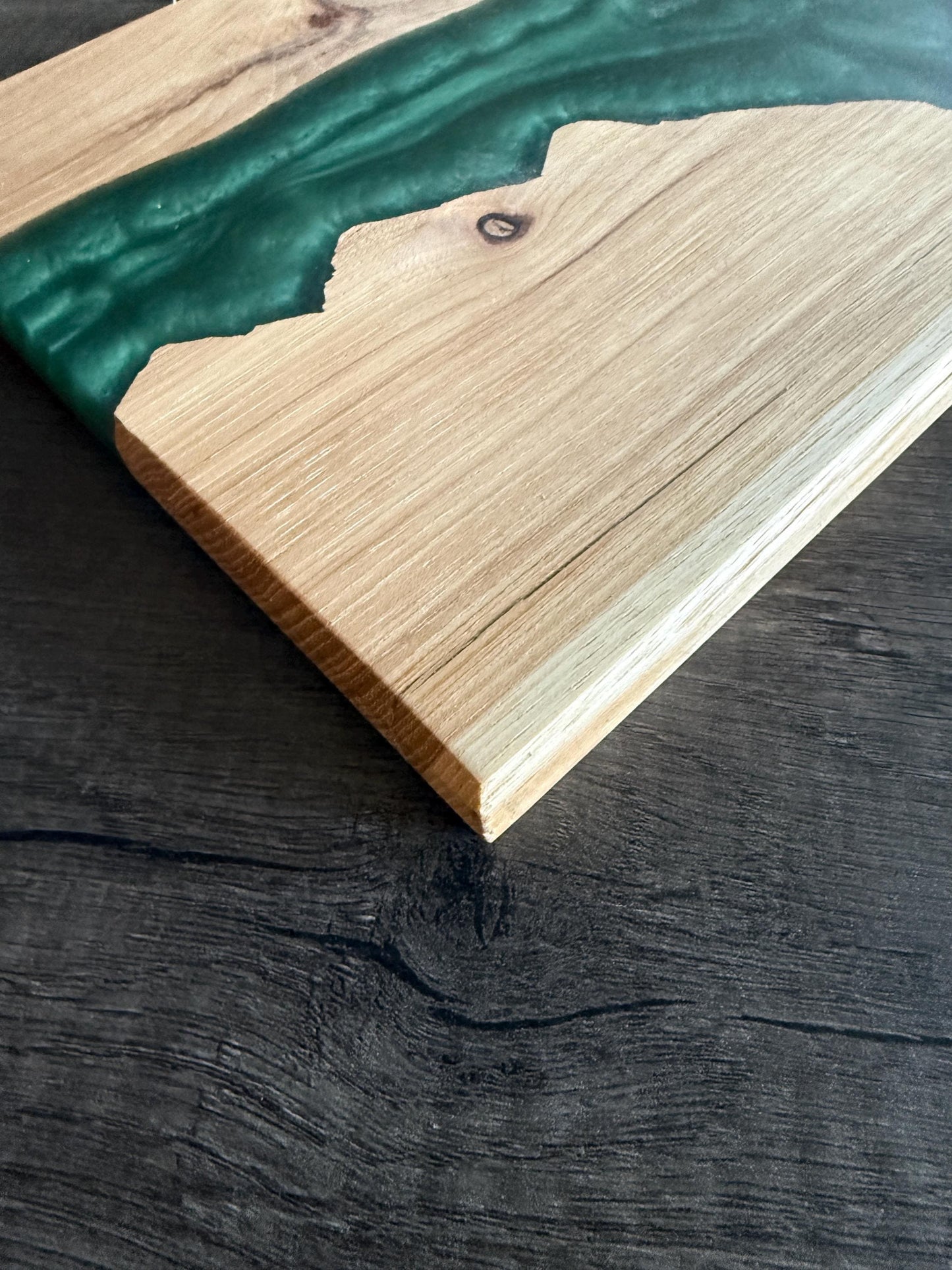 Handmade Hickory Mountain Charcuterie Board: Green Epoxy Resin, Rustic Wood