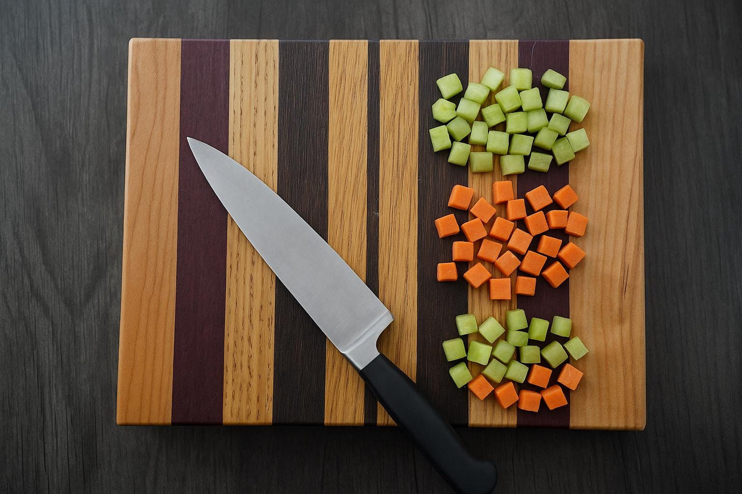 Handcrafted Cutting Board – Frontgrain White Oak, Cherry & Purpleheart