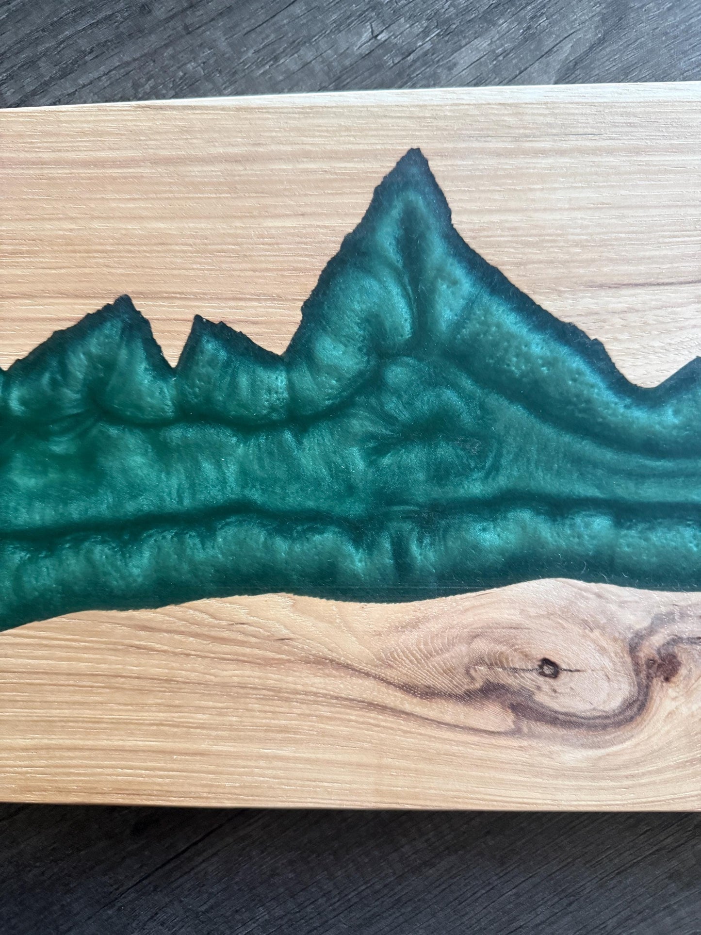 Handmade Hickory Mountain Charcuterie Board: Green Epoxy Resin, Rustic Wood