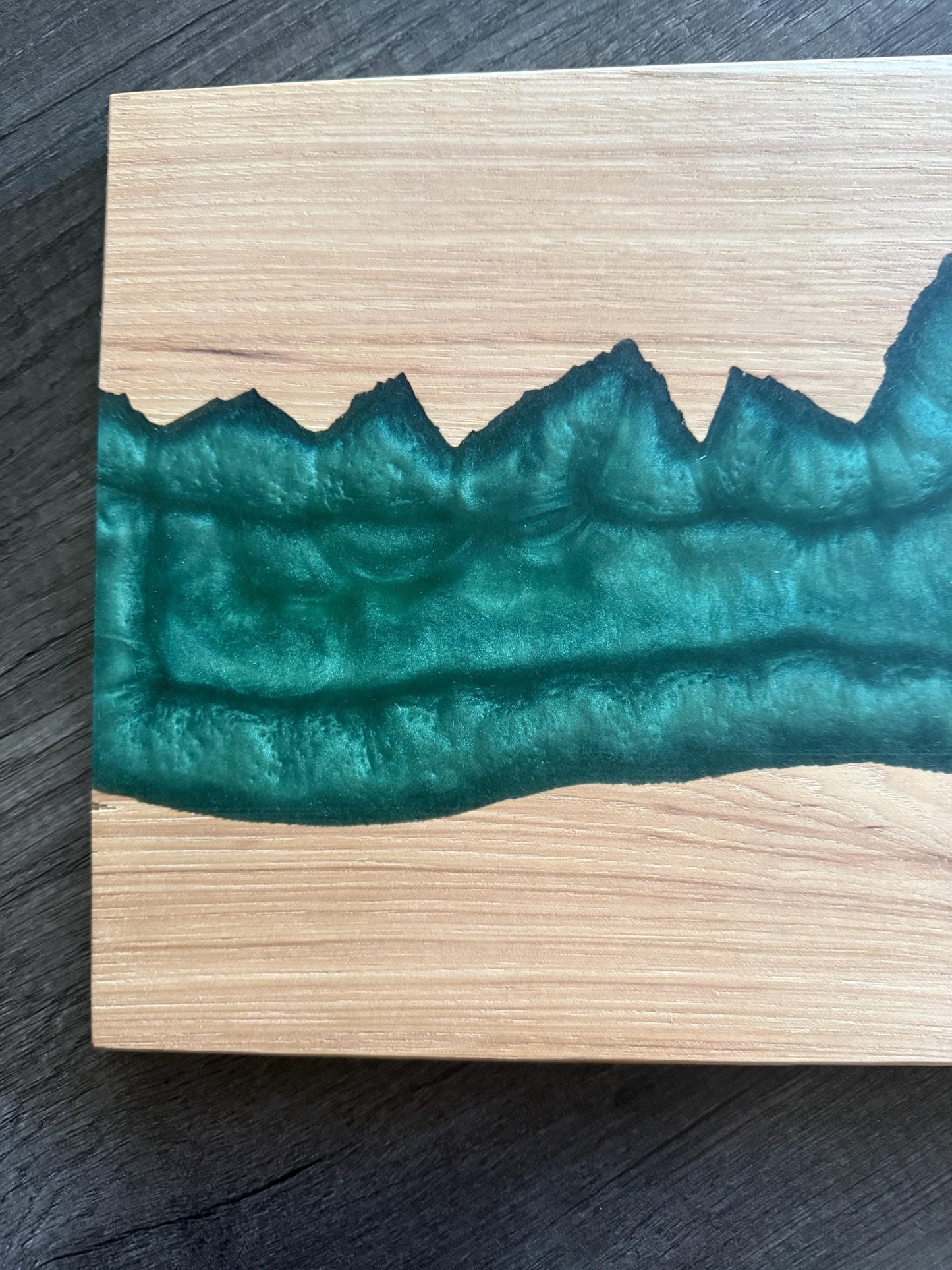 Handmade Hickory Mountain Charcuterie Board: Green Epoxy Resin, Rustic Wood