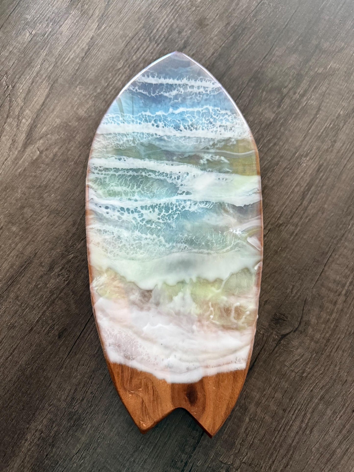 Surfboard Charcuterie Board with Ocean Resin Waves | Handmade Beach House Decor