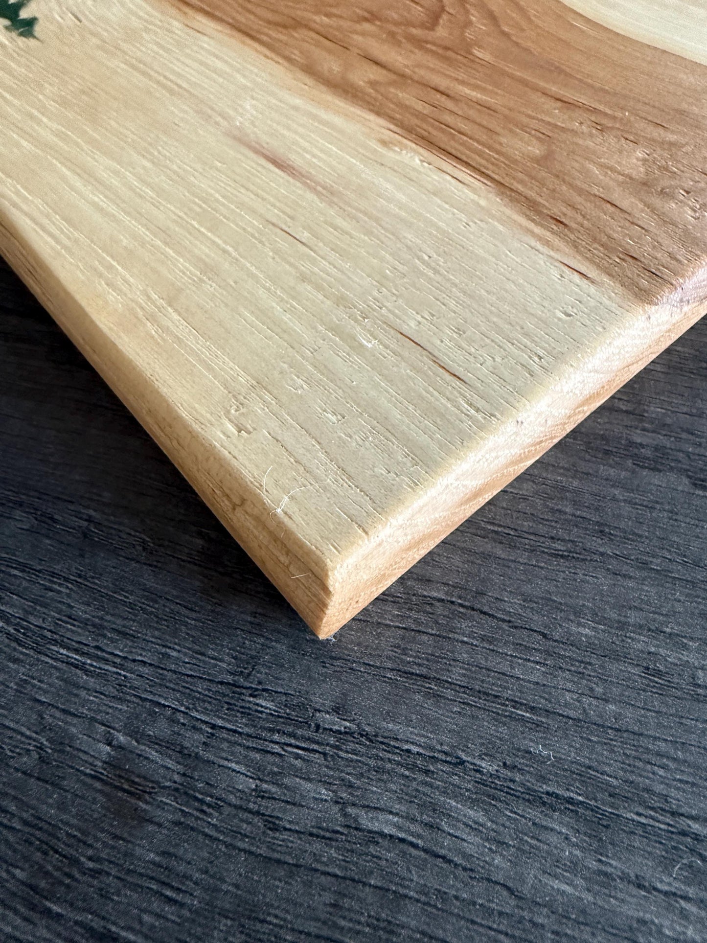 Handmade Hickory Charcuterie Board – Green Epoxy Evergreen Tree Inlay