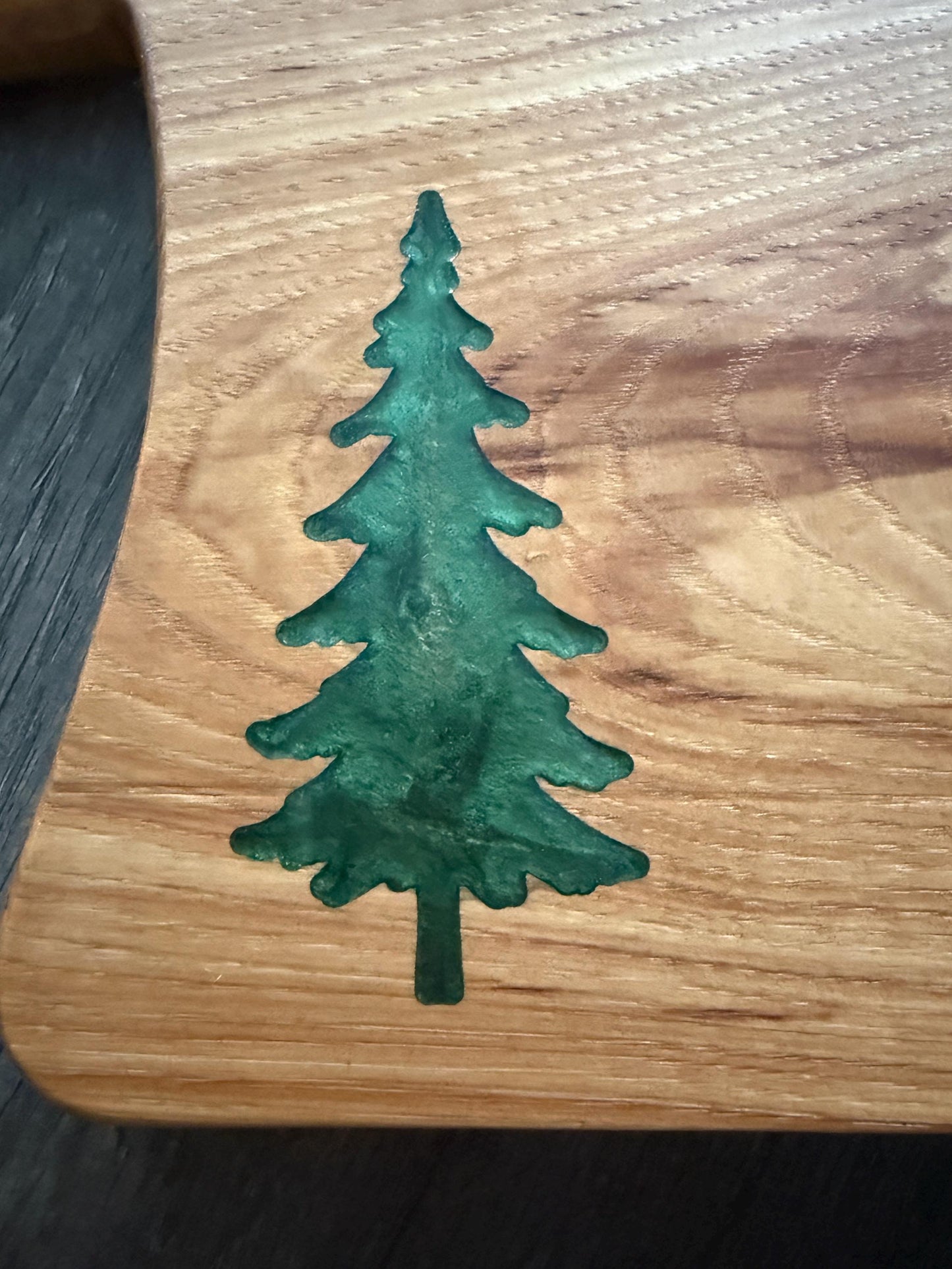 Handmade Hickory Charcuterie Board – Green Epoxy Pine Tree Inlay