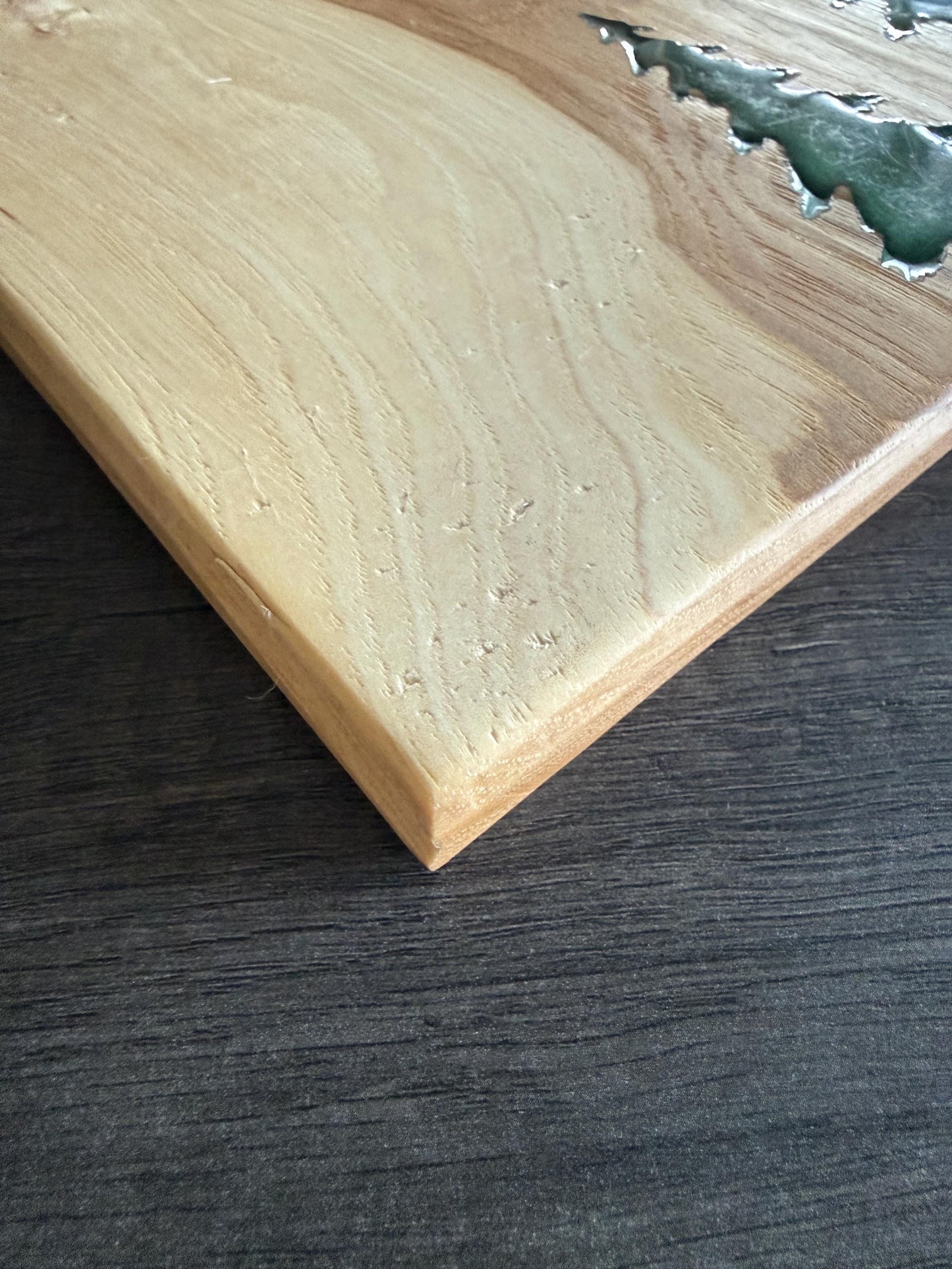 Handmade Hickory Charcuterie Board – Green Epoxy Evergreen Tree Inlay