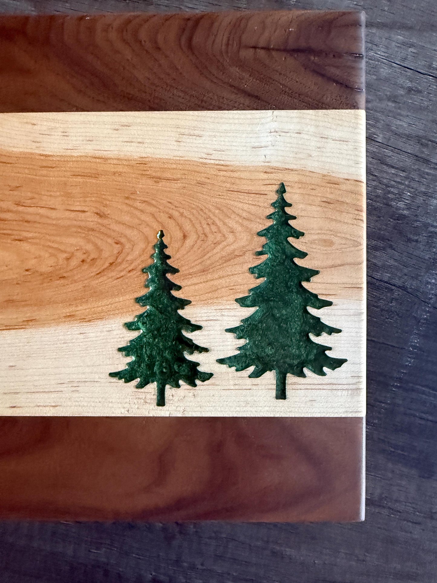 Handmade Walnut and Hickory Charcuterie Board – Green Epoxy Evergreen Tree Inlay