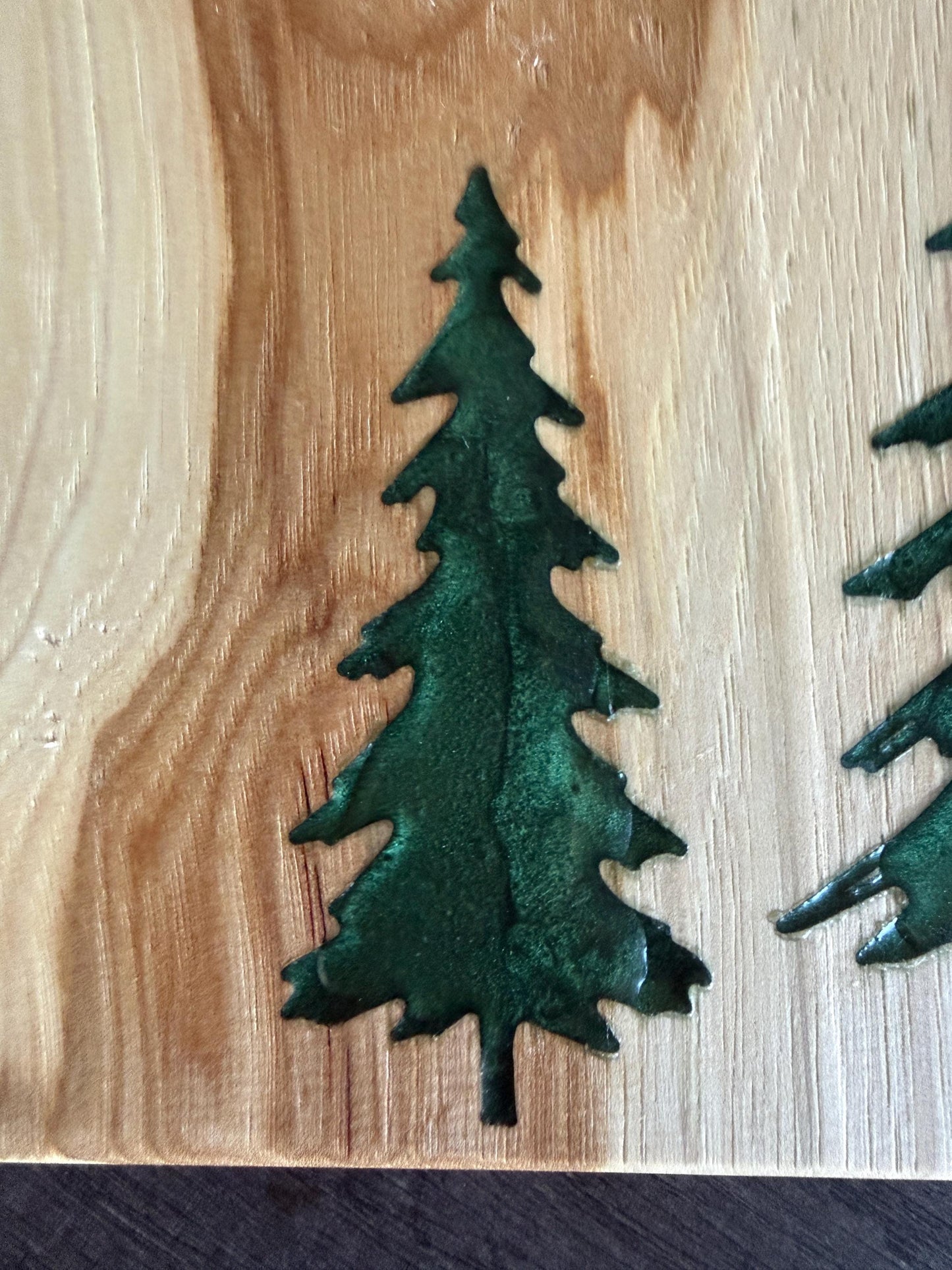 Handmade Hickory Charcuterie Board – Green Epoxy Evergreen Tree Inlay