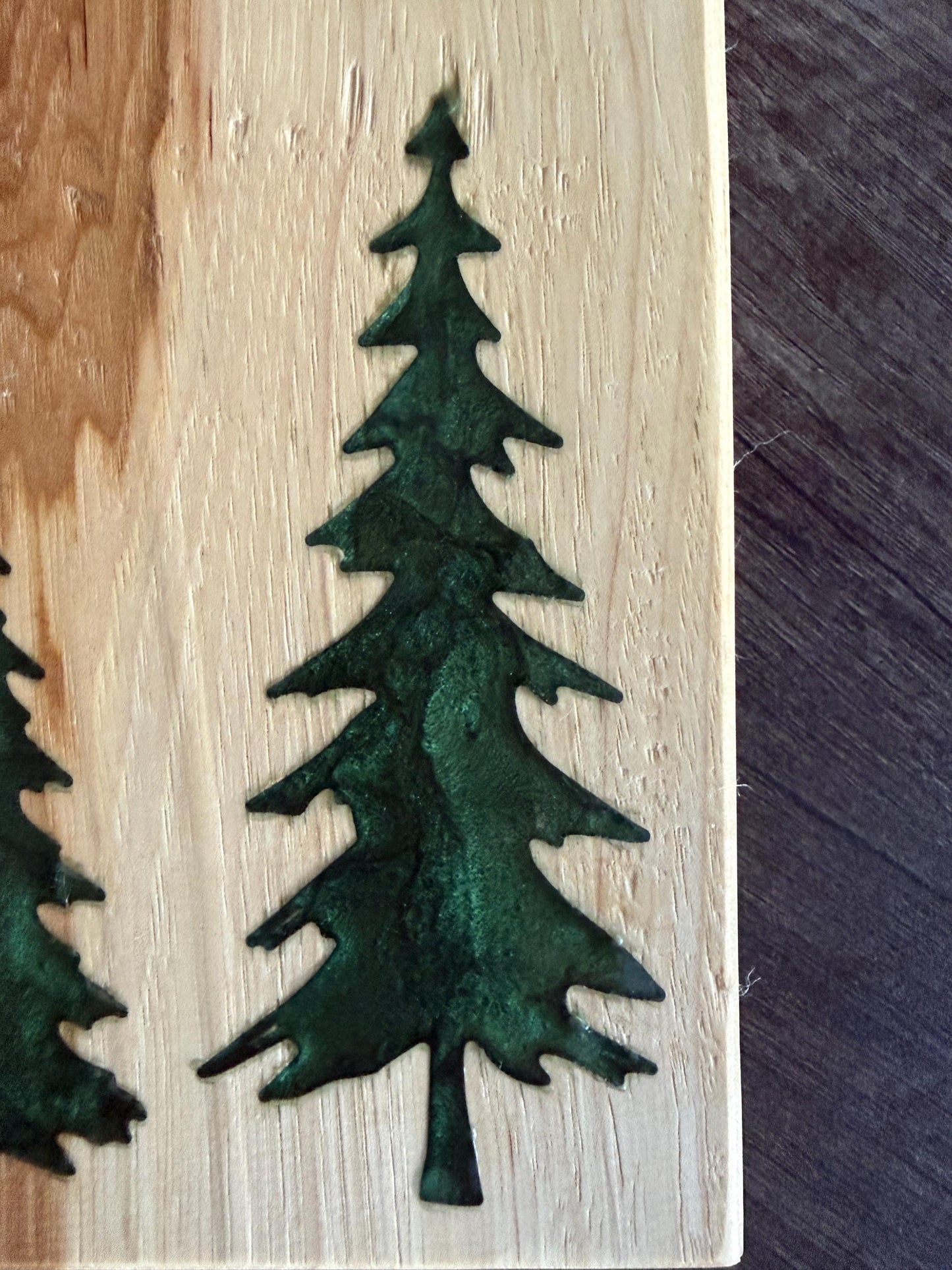 Handmade Hickory Charcuterie Board – Green Epoxy Evergreen Tree Inlay