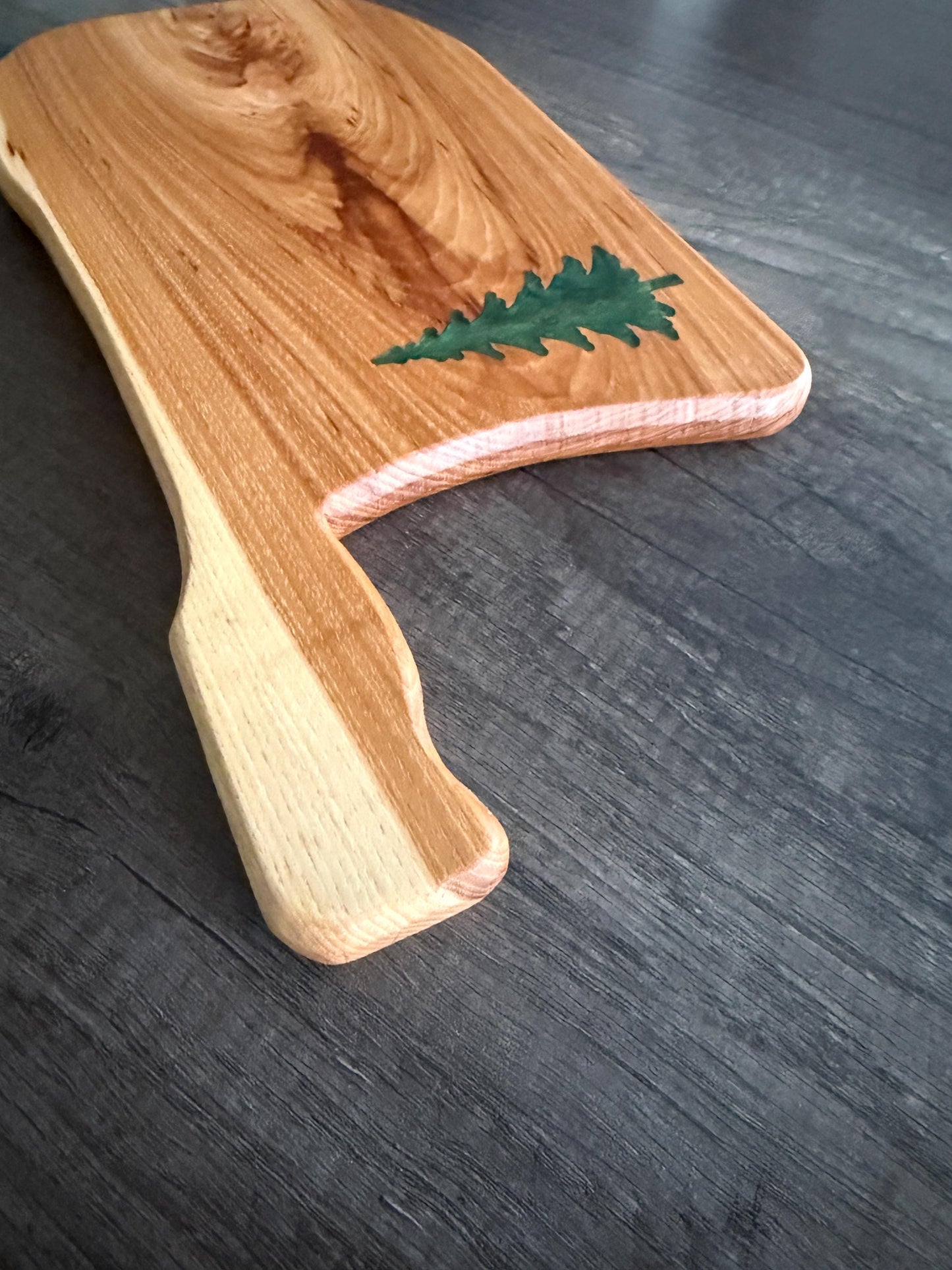 Handmade Hickory Charcuterie Board – Green Epoxy Pine Tree Inlay