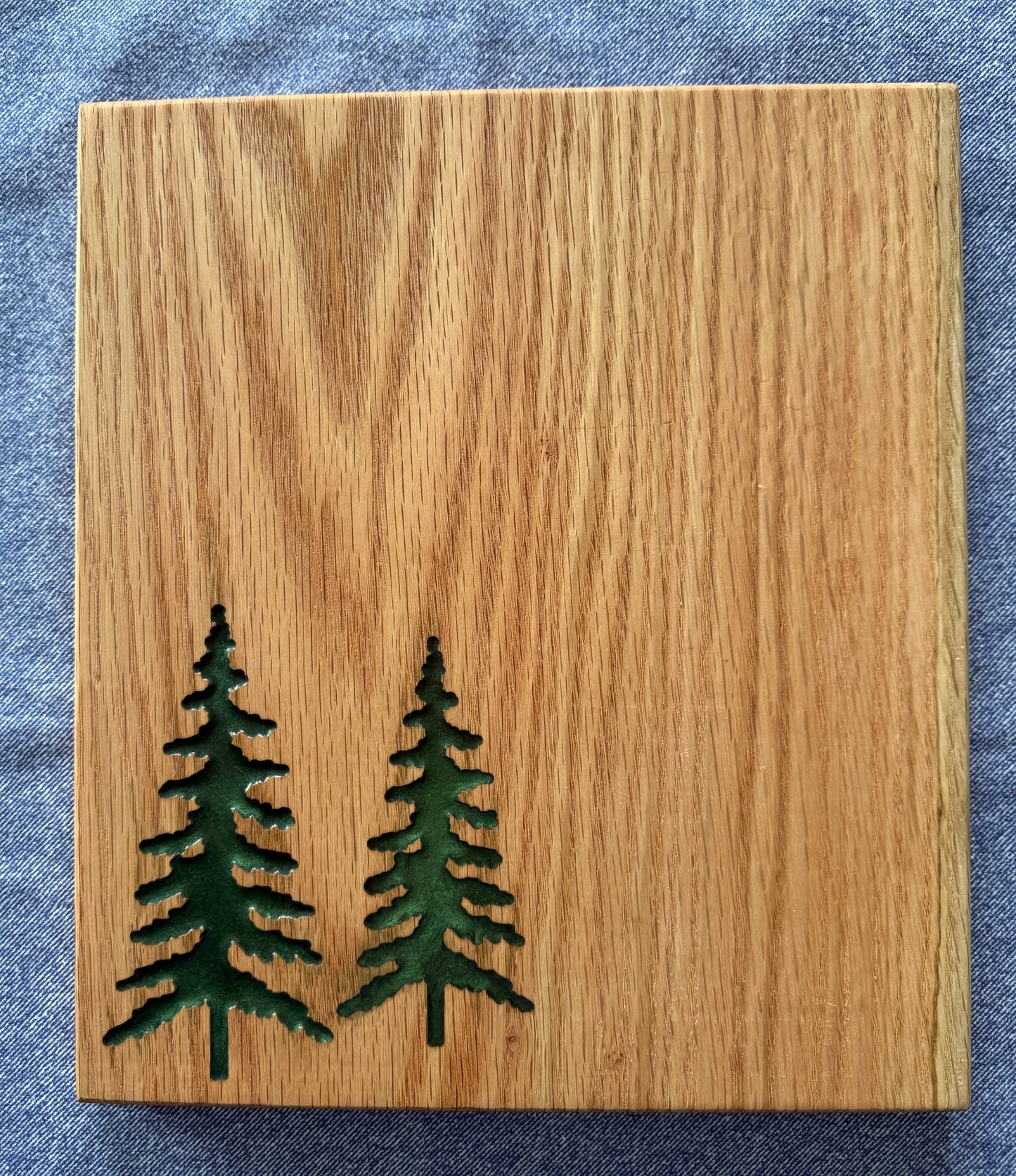 Handmade Red Oak Charcuterie Board – Green Epoxy Evergreen Tree Inlay