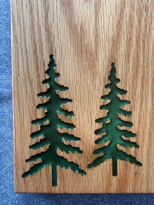Handmade Red Oak Charcuterie Board – Green Epoxy Evergreen Tree Inlay