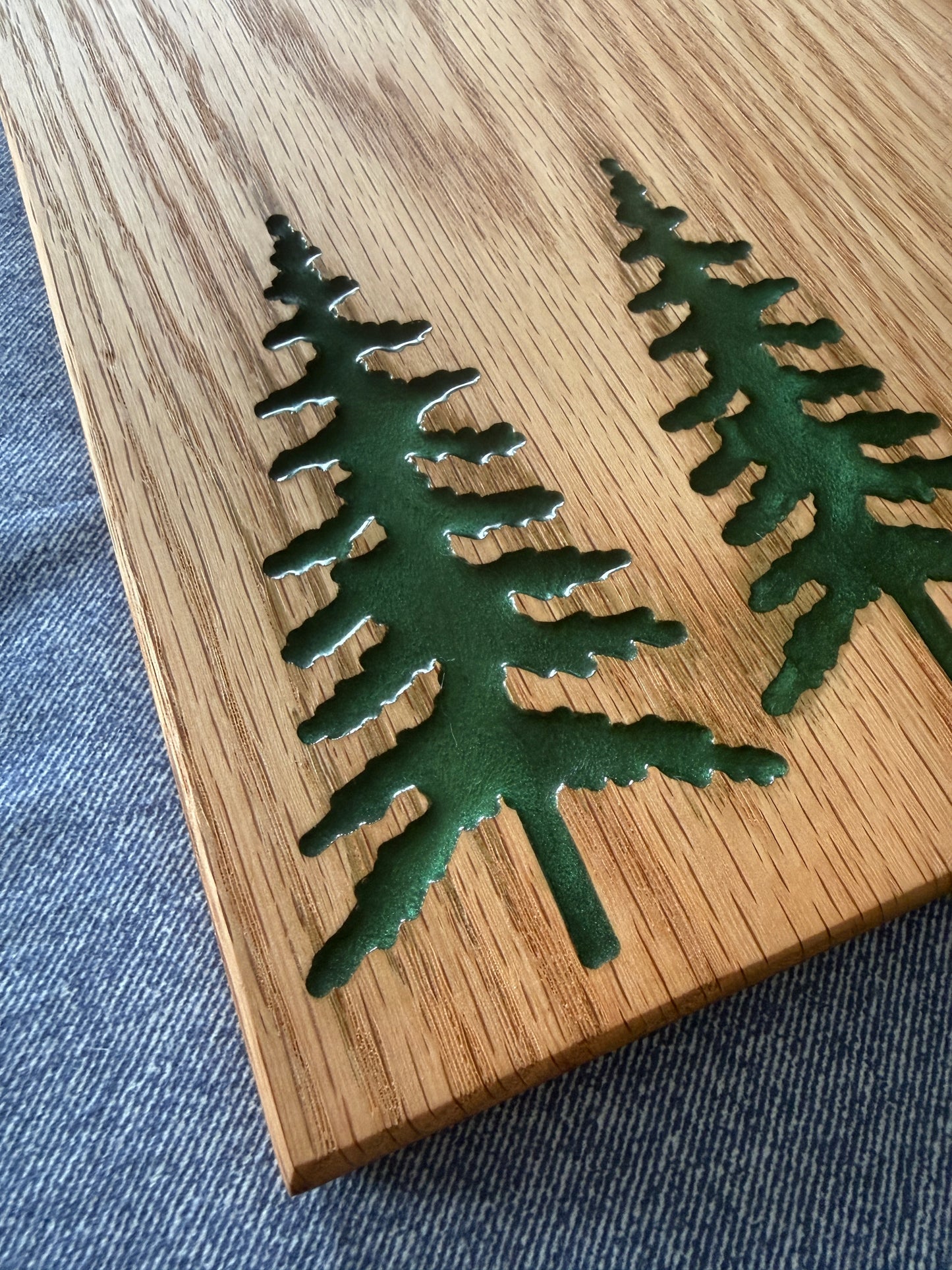 Handmade Red Oak Charcuterie Board – Green Epoxy Evergreen Tree Inlay
