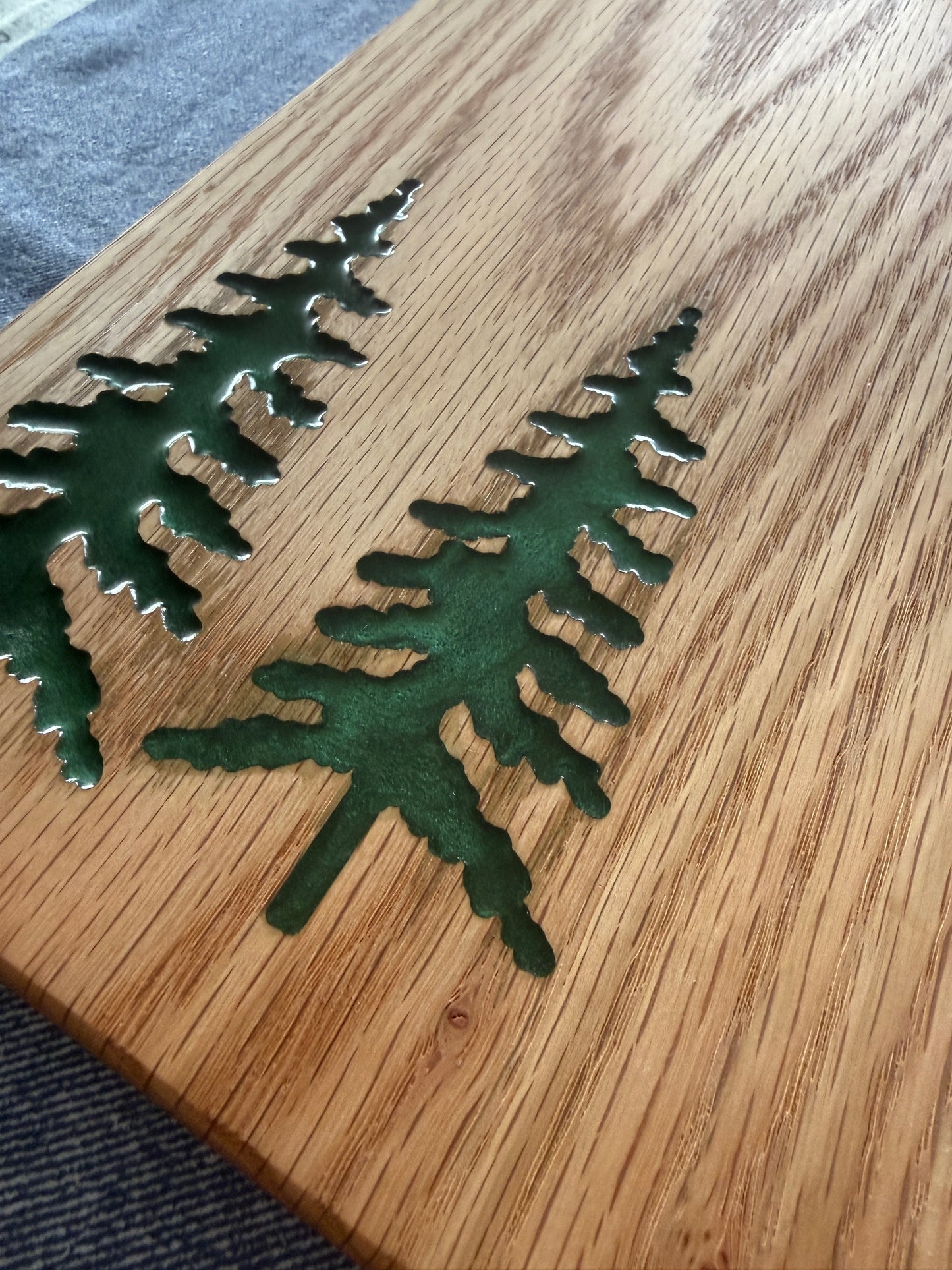 Handmade Red Oak Charcuterie Board – Green Epoxy Evergreen Tree Inlay