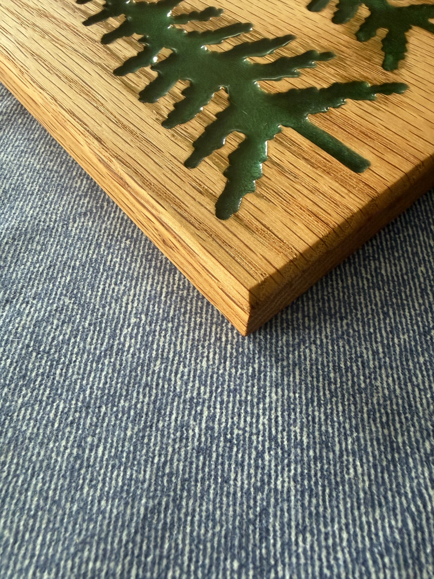 Handmade Red Oak Charcuterie Board – Green Epoxy Evergreen Tree Inlay