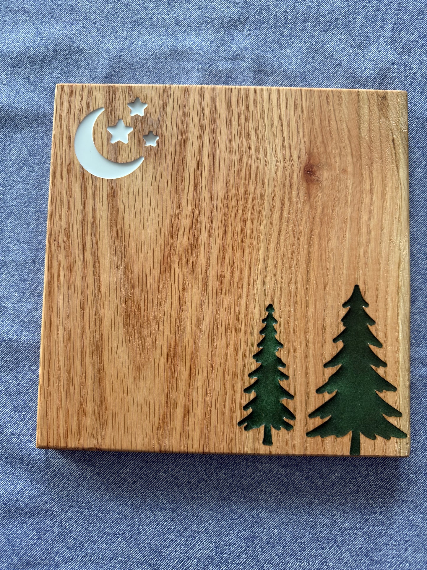 Red Oak Charcuterie Board with Resin Moon, Stars & Evergreen Inlays – Handmade Cheese Serving Gift